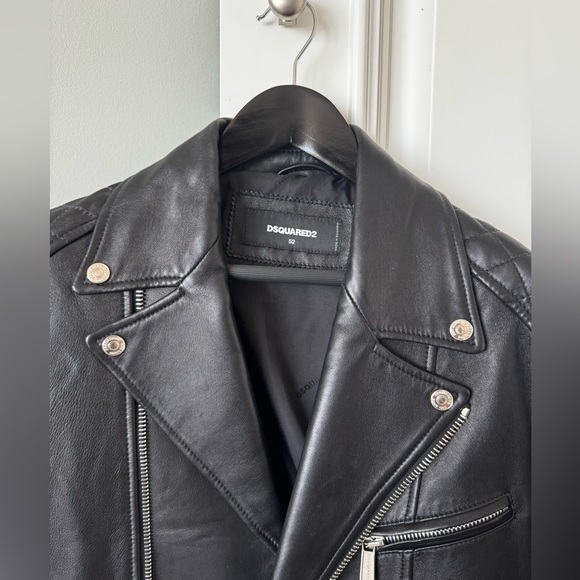Dsquared2 Black Leather Print Biker Jacket Size 52 - Picture 2 of 15